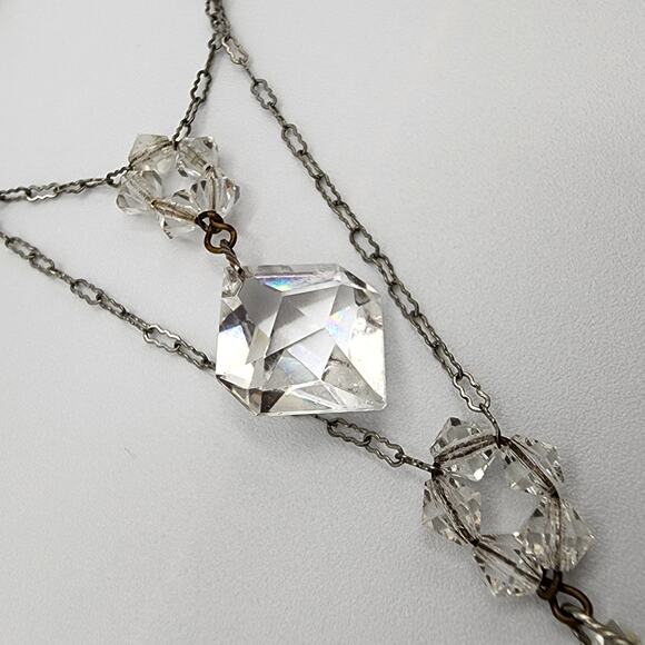 1920s Art Deco Crystal Lavalier Necklace Y Drop Leaded Glass Crinkle Link Chain - Picture 6 of 8